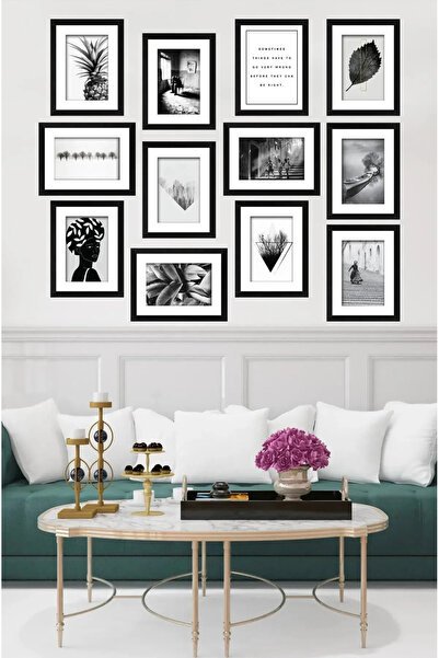 kutuTR Dekorize Mdf Tablo Seti 12 Parça 3 Mm - Siyah Beyaz Salon Oturma Yatak Odası Için Duvar Dekor