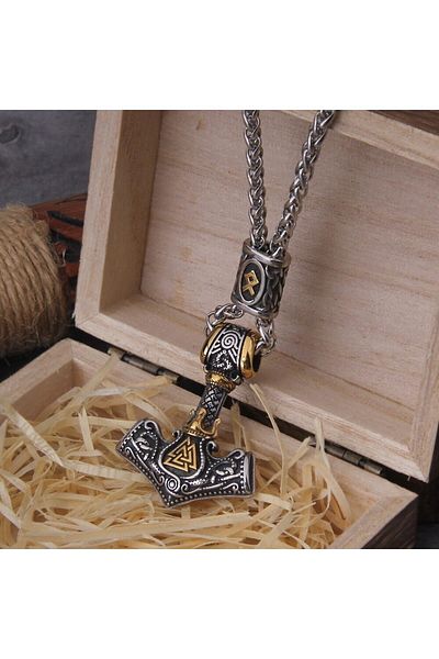 Viking Men's 316L Steel Necklace - Thor Mjollnir Othila Knit Chain with Accessories