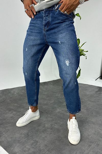 MADZEYMODA Boyfriend Ανδρικό σκισμένο λεπτομερές μπλε τζιν παντελόνι