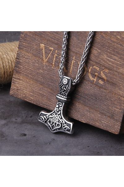 Viking Thor Mjollnir Nordic Hammer Valknut Scandinavian Patterned 316l Steel Men's Necklace