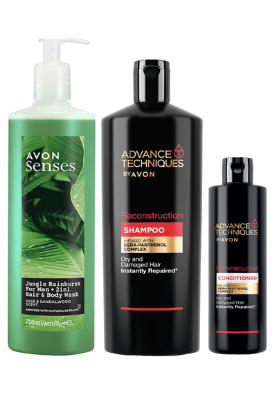 AVON Advance Techniques Onarıcı Şampuan Saç Kremi ve Erkek Saç ve Vücut Şampuanı Paketi