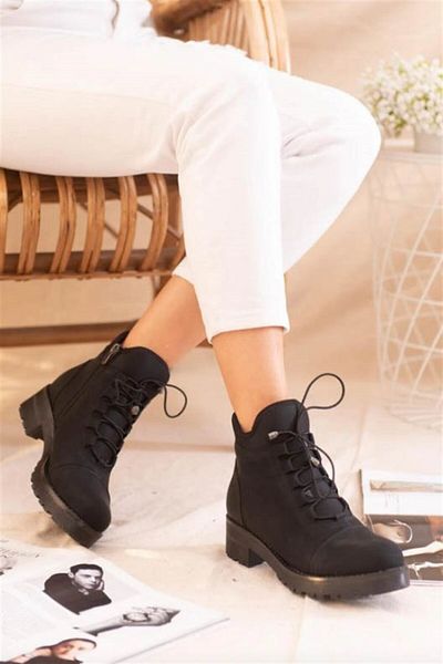 Aymood Μαύρες γυναικείες δερμάτινες μπότες Pu Nubuck Χειμερινές με κορδόνια με φερμουάρ Χοντρή σόλα 4cm με τακούνι Κοντό καθημερινό