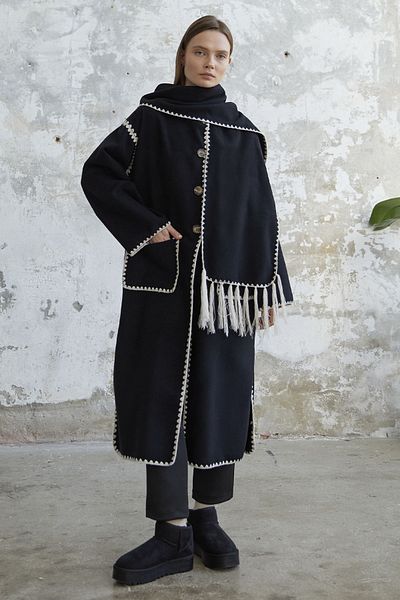 InStyle Stamped Long Jacket with Scarf Pockets - Black