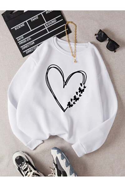 MAGORS STYLE-X سويت شيرت قطني برقبة دائرية وطبعة قلب، لون أبيض كبير الحجم مخص...