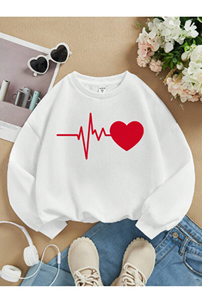 MAGORS STYLE-X سويت شيرت قطني برقبة دائرية وطبعة قلب، أسود-أبيض-أحمر كبير الح...