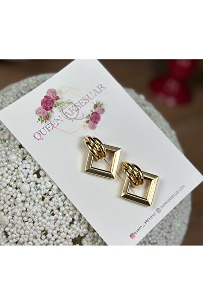 QUEEN AKSESUAR İthal lüks marka moda kararmaz çelik model 3 katlı burgulu kare küpe kadın küpesi altın gold