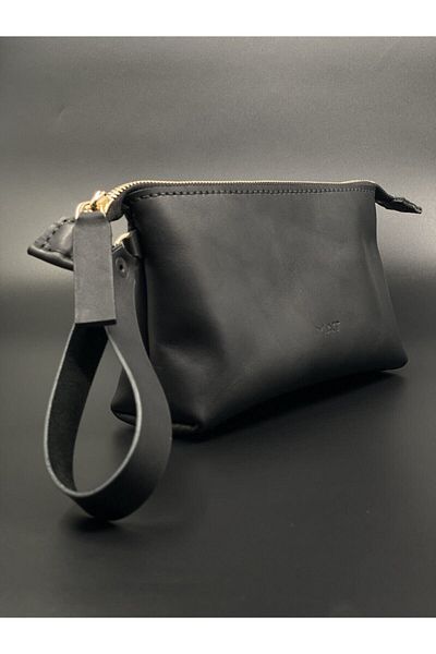 MAT Deri Women's Black Makeup and Travel Bag Genuine Leather Bag Organizer