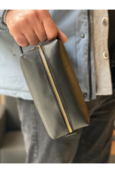 MAT Deri حقيبة يد سوداء بسحاب من الجلد الطبيعي متعددة الأغراض مصنوعة يدويًا ل...