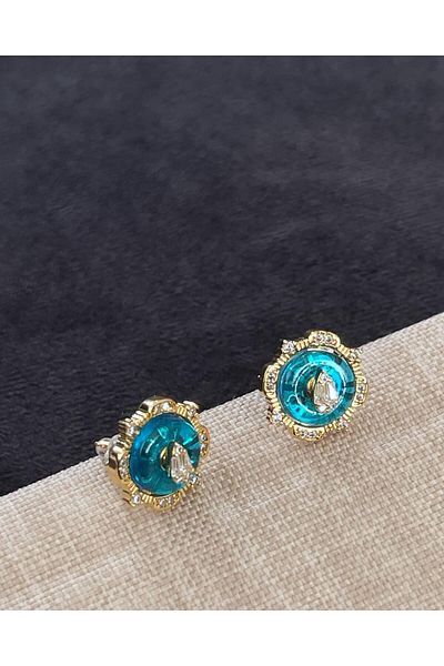 Zehure Emerald Blue Stone Shiny Zircon Stone Decorated 316L Stainless Steel Anti Allergic Earrings