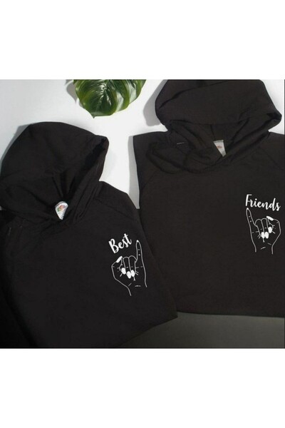 donamod 2 li Siyah Unısex Çift Arkadaş Kombin Best friends Baskılı Kapşonlu S...