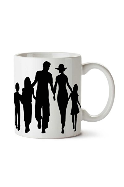 ART HEDİYE كوب مطبوع عليه صورة ظلية لعائلة مكونة من 5 أشخاص على الجانبين