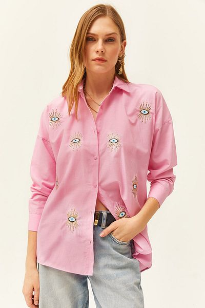 Olalook Női Candy Pink flitteres részletes szőtt barát ing GML-19000992