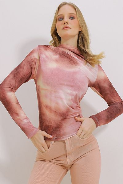 Trend Alaçatı Stili Women's Powder Stand Collar Shoulder Gathered Draped Patterned Blouse ALC-X11131