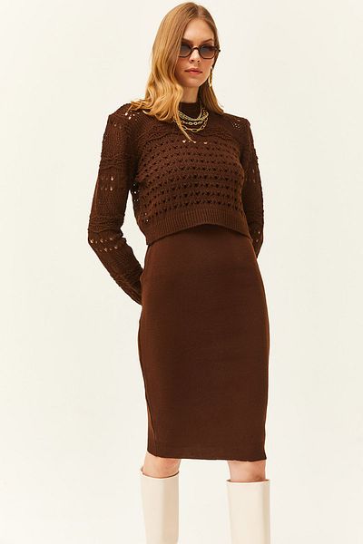 Olalook Women's Bitter Coffee Thin Strap Knitwear Dress Sweatshirt Set TKM-19000241
