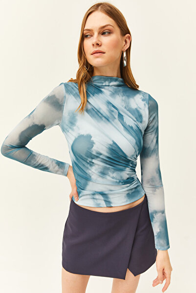 Olalook Damska niebieska, drapowana, szczegółowa tiulowa bluzka z podszewką z przodu BLZ-19002469