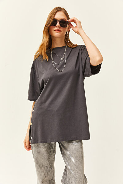 Olalook Kadın Füme Yanları Düğmeli Pamuk Tişört TSH-19000762