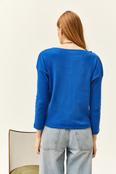 Olalook Women's Saks Blue Buttoned Shirted Casual Sweater KZK-19000721