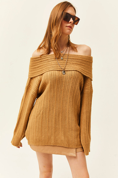 Olalook Дамски свободен плетен пуловер с яка с камилска яка и мадона KZK-19000732