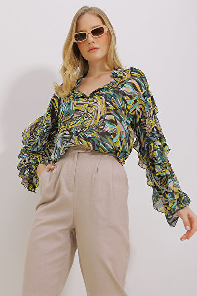 Trend Alaçatı Stili Damska zielona koszula sędziowska z kołnierzykiem i falbanką we wzorzyste szyfonowe koszule ALC-X11478