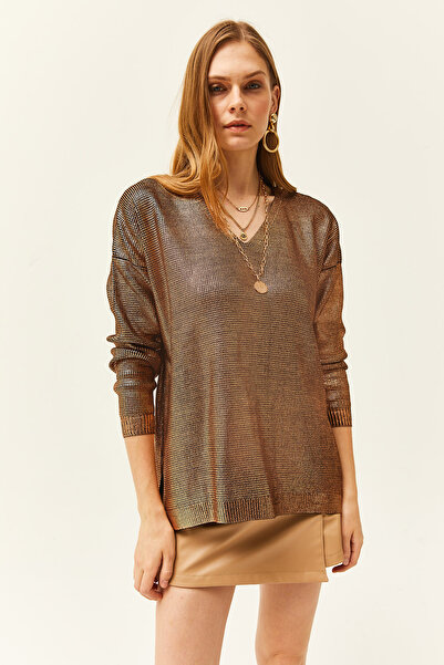 Olalook Kadın Bronz V Yaka Salaş Metalik Triko Kazak KZK-19000724