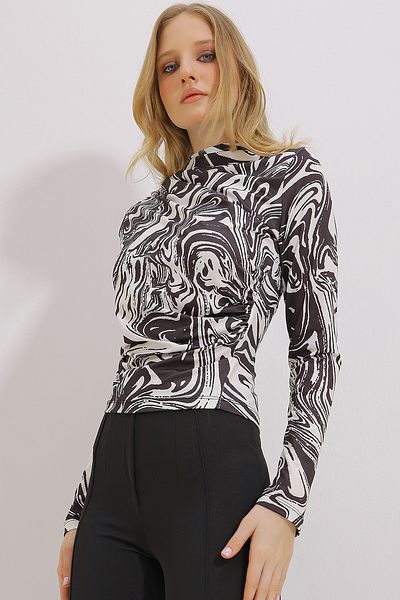 Trend Alaçatı Stili Women's Black Stand Collar Shoulder Gathered Draped Patterned Blouse ALC-X11131