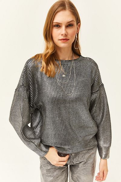 Olalook Pulover de damă, argintiu, cu gâtul rotund, Thessaloniki, tricot metalic, KZK-19000755