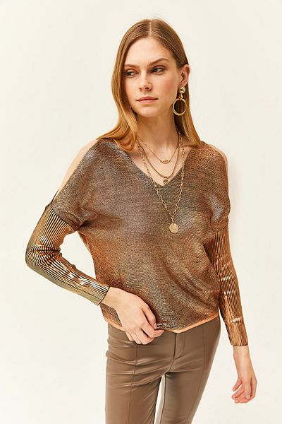 Olalook Women's Bronze Shoulder Low-cut Front Back Metallic Knit Sweater KZK-19000756