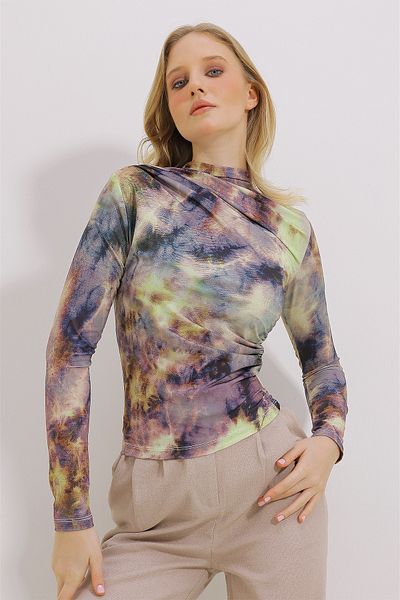 Trend Alaçatı Stili Women's Green Stand Collar Gathered Draped Patterned Blouse ALC-X11131