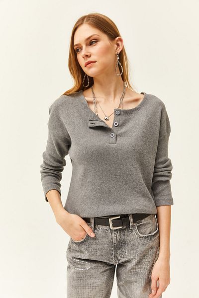 Olalook Pulover casual pentru femei, cu cămașă cu nasturi, afumat, KZK-19000721