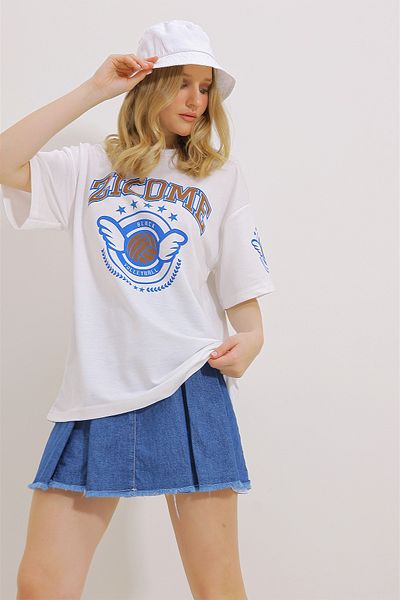 Trend Alaçatı Stili Γυναικείο μπλουζάκι Unisex υπερμεγέθη με στάμπα με λευκή λαιμόκοψη ALC-X11459