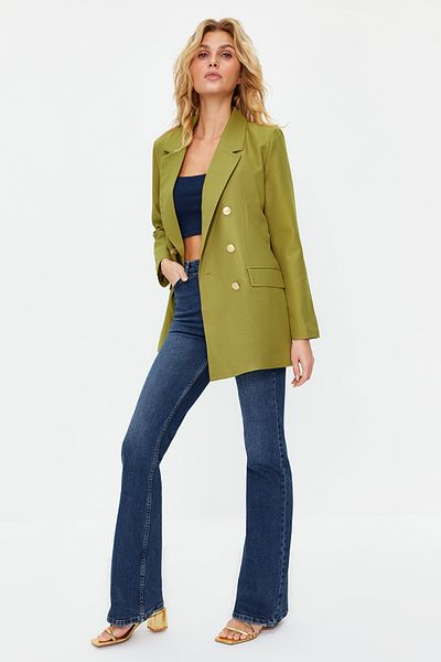 Trendyol Collection Hellkhakifarbener, übergroßer, gefütterter, zweireihiger, gewebter Blazer-Jacke TWOSS20CE0024