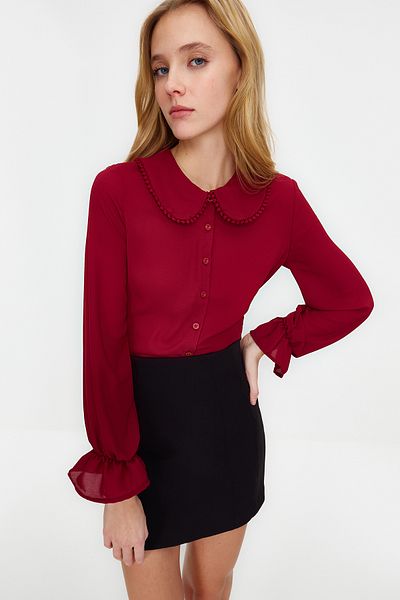 Trendyol Collection Baba gallér bordó pompon részletes ing - normál szabású szőtt TWOAW21GO0717