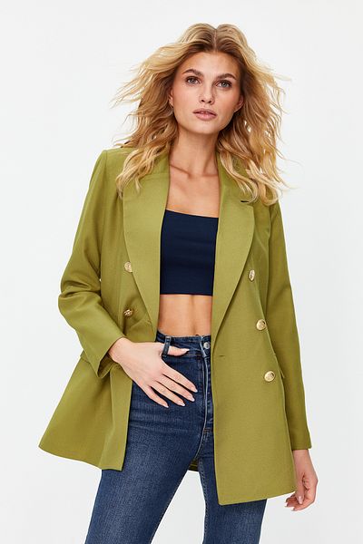 Trendyol Collection Hellkhakifarbener, übergroßer, gefütterter, zweireihiger, gewebter Blazer-Jacke TWOSS20CE0024