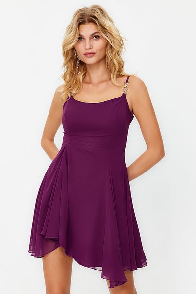 Trendyol Collection Rochie de seara din sifon violet - Croiala A, scurta eleganta TPRSS23EL00033