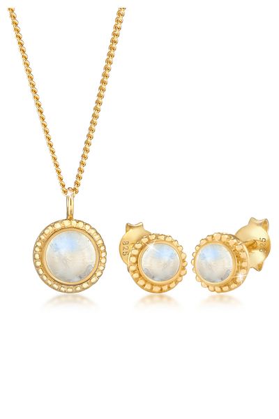 ELLI Schmuckset Mondstein Rund Blüte Boho 925 Ayar Gümüş