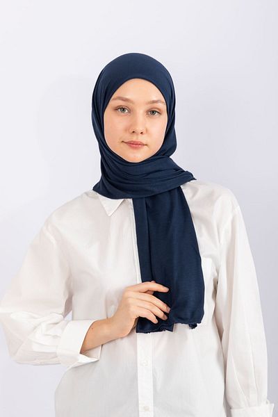 hijabchi Χτενισμένο βαμβακερό σάλι Τζέρσεϊ σάλι - Σκούρο Μπλε