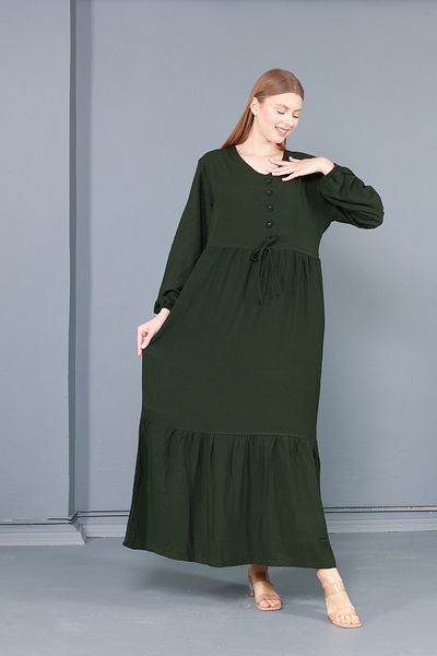 mervemoda Γυναικείο υφαντό φόρεμα με μακρύ μανίκι με λαιμόκοψη σε μέγεθος χακί