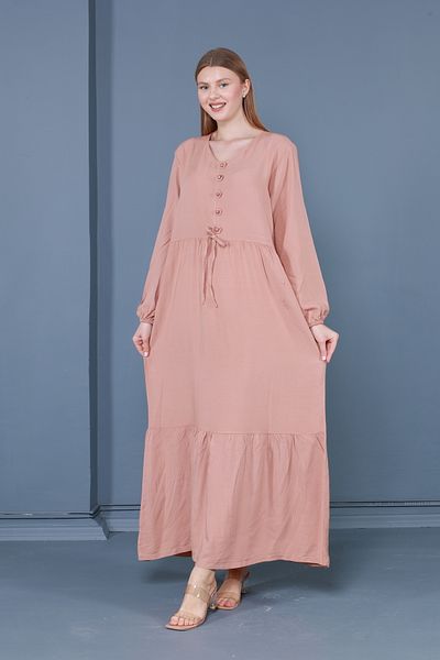 mervemoda Γυναικείο υφαντό φόρεμα σε σκόνη ροζ συν μέγεθος με λαιμόκοψη με μακριά μανίκια