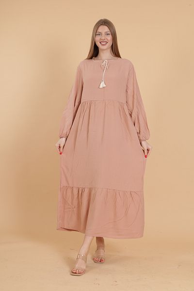 mervemoda Γυναικείο μακρυμάνικο φόρεμα σε πούδρα plus size