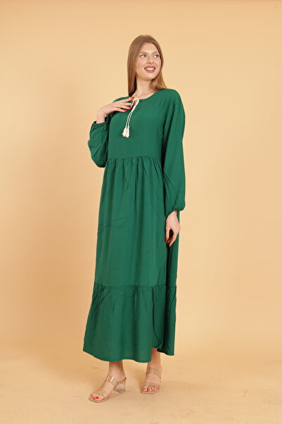 mervemoda Light Green Plus Size Drop Collar Long Sleeve Women's Dress