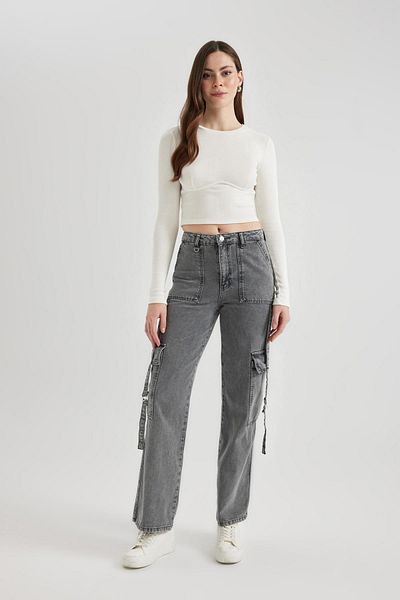 DeFacto Wide Leg Cargo High Waist Long Jean Trousers B8705ax24sp