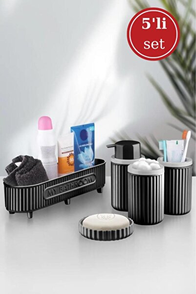Flora 5 Parça Banyo Seti (Çok Amaçlı Sepet, Sıvı Sabunluk, Katı Sabunluk, Diş Fırçalık, Pamukluk)