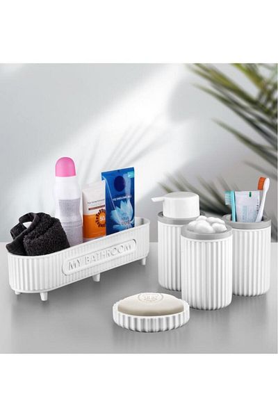 Flora Σετ μπάνιου 5 τεμαχίων (καλάθι πολλαπλών χρήσεων, δοσομετρητής υγρού σαπουνιού, δοσομετρητής στερεού σαπουνιού, θήκη οδοντόβουρτσας, θήκη βαμβακιού)