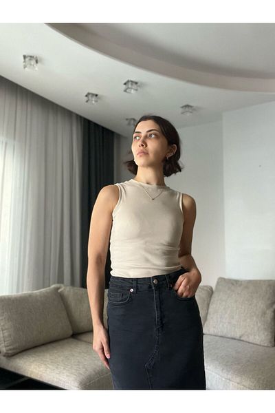 soBasic Tricou tricot din bumbac fără mâneci cu decolteu crew Lyc Bluză - Bej