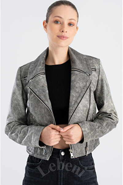 Lebeni Hakiki Deri Ceket Kadın - Kısa Mevsimlik Kruvaze Slim Fit Biker Deri C...