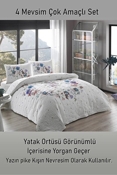 Taç Sander Mavi 4 Mevsim Çok Amaçlı Kapitoneli Tek Kişilik Set + Yorgan + Yastık