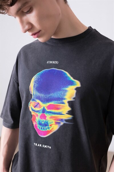FECCY Tricou termic oversize unisex, antracit, cu imprimeu craniu