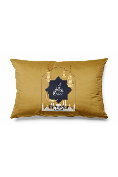 Pilloveland Dikdörtgen Ramazan Golden Desenli Çift Tarafı Baskılı Süet Kırlent Kılıfı Ramadan Kareem