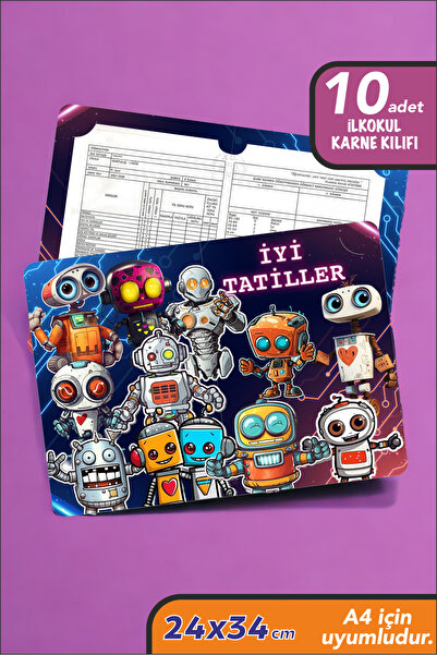 İstisna 10 Adet Robotlar Temalı Ilkokul A4 Karne Kılıfı Karne Süsleme 24x34