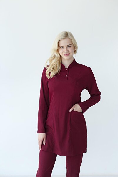 Dr. Mitra بدلة طبيب ممرضة جراحية حجاب ليكرا للنساء باللون الأحمر الداكن